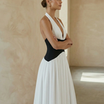 Colorblock Halter Deep V Neck Backless Flowy Maxi Dress