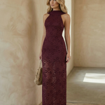 Burgundy Lace Cowl Back Halter Neck Backless Maxi Dress