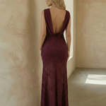 Burgundy Lace Cowl Back Halter Neck Backless Maxi Dress