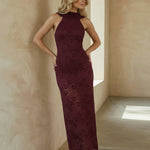 Burgundy Lace Cowl Back Halter Neck Backless Maxi Dress