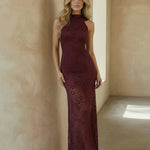 Burgundy Lace Cowl Back Halter Neck Backless Maxi Dress