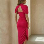 Red Ruched High Neck Backless Bodycon Midi Dress