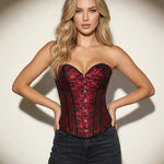 Red Floral Lace Overlay Back Lace-Up Corset Top