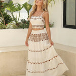 White Embroidered Spaghetti Strap Crop Top Maxi Skirt Set