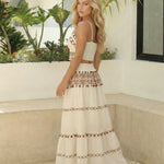 White Embroidered Spaghetti Strap Crop Top Maxi Skirt Set