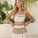 White Embroidered Spaghetti Strap Crop Top Maxi Skirt Set
