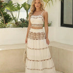 White Embroidered Spaghetti Strap Crop Top Maxi Skirt Set