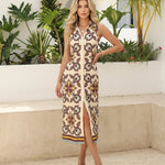 Floral Print Sleeveless Button-Front Shirt Style Midi Dress