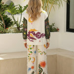 Apricot Print Button Down Shirt Wide Leg Pants Set