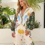 Apricot Print Button Down Shirt Wide Leg Pants Set