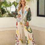 Apricot Print Button Down Shirt Wide Leg Pants Set