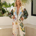 Apricot Print Button Down Shirt Wide Leg Pants Set