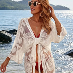 White Geometric Lace V-Neck Batwing Sleeve Tie-Front Short Cover Up