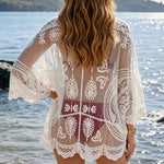White Geometric Lace V-Neck Batwing Sleeve Tie-Front Short Cover Up