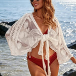 White Geometric Lace V-Neck Batwing Sleeve Tie-Front Short Cover Up