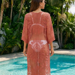 Terracotta Floral Lace Three-Quarter Sleeve Long Open-Front Cover Up