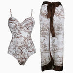 Brown Print Spaghetti Strap One-Piece Swimsuit With Wrap Skirt