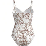 Brown Print Spaghetti Strap One-Piece Swimsuit With Wrap Skirt