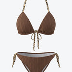 Brown Leopard Trim Halter Side Tie Bikini Set