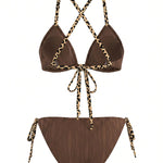 Brown Leopard Trim Halter Side Tie Bikini Set