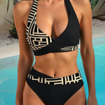 Black Geometric Print Halter High Waist Bikini Set
