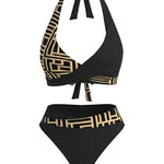 Black Geometric Print Halter High Waist Bikini Set