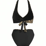 Black Geometric Print Halter High Waist Bikini Set