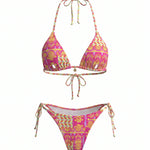 Pink Abstract Print Halter Triangle Bikini Set