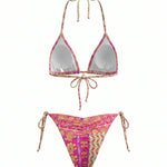 Pink Abstract Print Halter Triangle Bikini Set