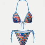 Blue Floral Print Halter Triangle Bikini Set