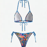 Blue Floral Print Halter Triangle Bikini Set