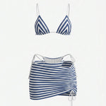 Blue Stripe Triangle Bikini with Skirt Cover-Up Set