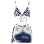 Blue Stripe Triangle Bikini with Skirt Cover-Up Set