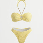 Yellow Textured Halter Chain Bikini Set