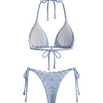 Light Blue Textured Halter Tie Bikini Set