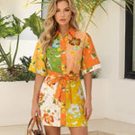 Floral Print Tie Waist Cotton Linen Shirt Dress