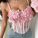 Pink 3D Floral Lace-Up Mesh Corset Cami Top