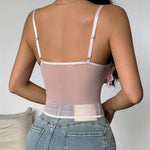 Pink 3D Floral Lace-Up Mesh Corset Cami Top