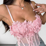 Pink 3D Floral Lace-Up Mesh Corset Cami Top