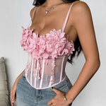 Pink 3D Floral Lace-Up Mesh Corset Cami Top