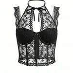 Black Floral Lace Halter Corset Bustier Crop Top
