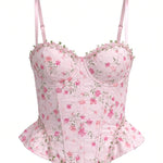 Pink Floral Lace Trim Corset Cami Top