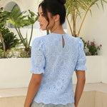 Blue Eyelet Embroidery Puff Sleeve Blouse