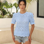 Blue Eyelet Embroidery Puff Sleeve Blouse