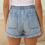 Blue Drawstring Waist Raw Hem Denim Shorts