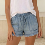 Blue Drawstring Waist Raw Hem Denim Shorts