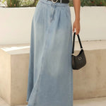 Blue High Waist Raw Hem Denim Midi Skirt
