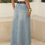 Blue High Waist Raw Hem Denim Midi Skirt