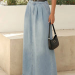 Blue High Waist Raw Hem Denim Midi Skirt