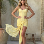 Yellow Lace Corset Bustier Draped Tie Mini Dress